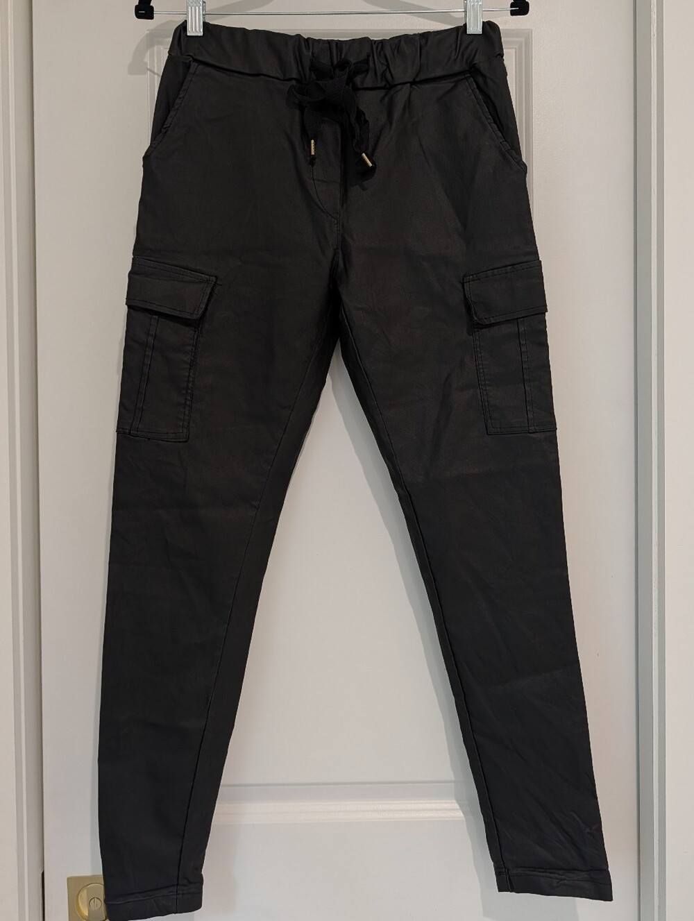 NT By Amati Black Skinny Cargo Jogger Pants with Drawstring Waist Made In Italy